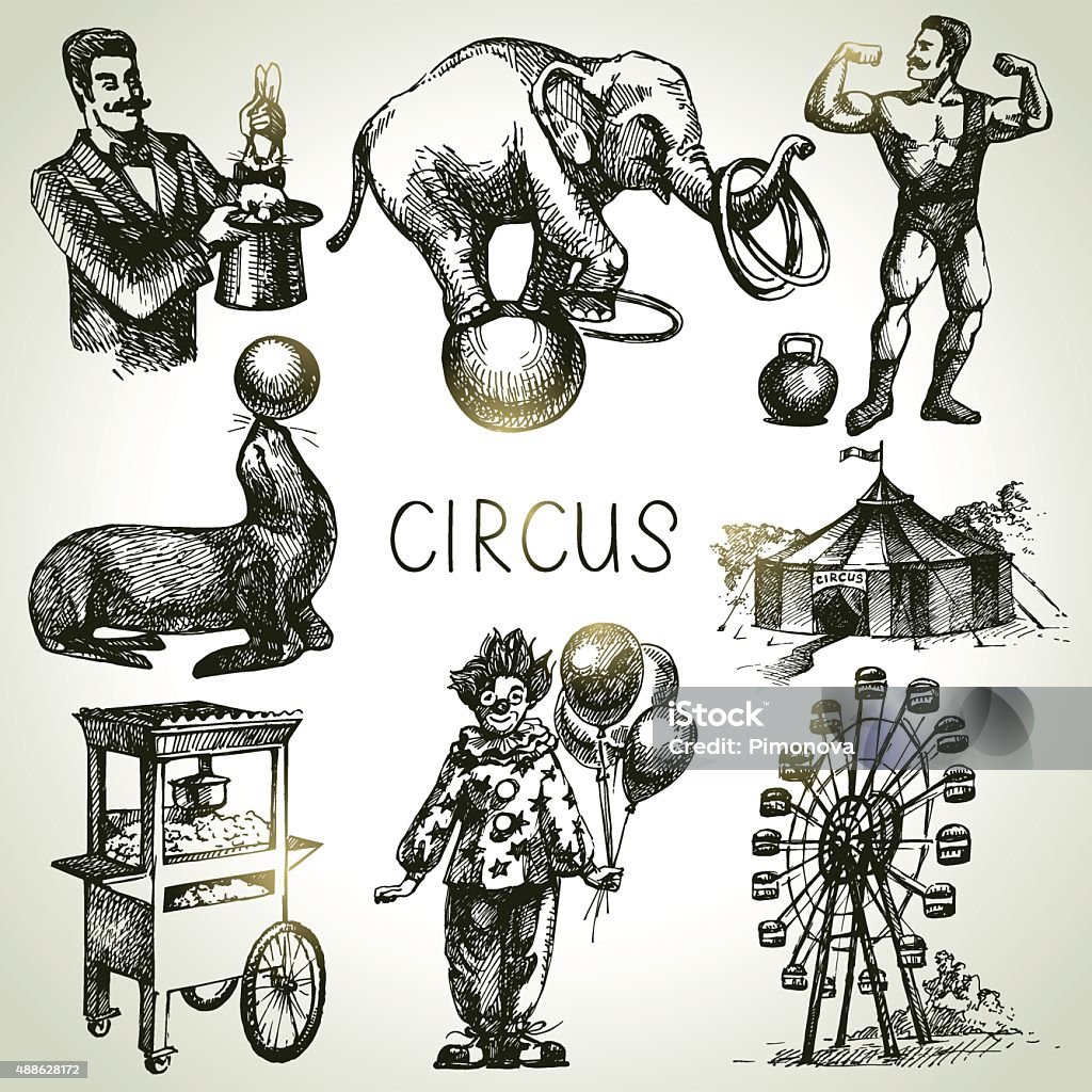 Hand drawn sketch circus and amusement vector illustrations. Vin Hand drawn sketch circus and amusement vector illustrations. Vintage icons Circus stock vector