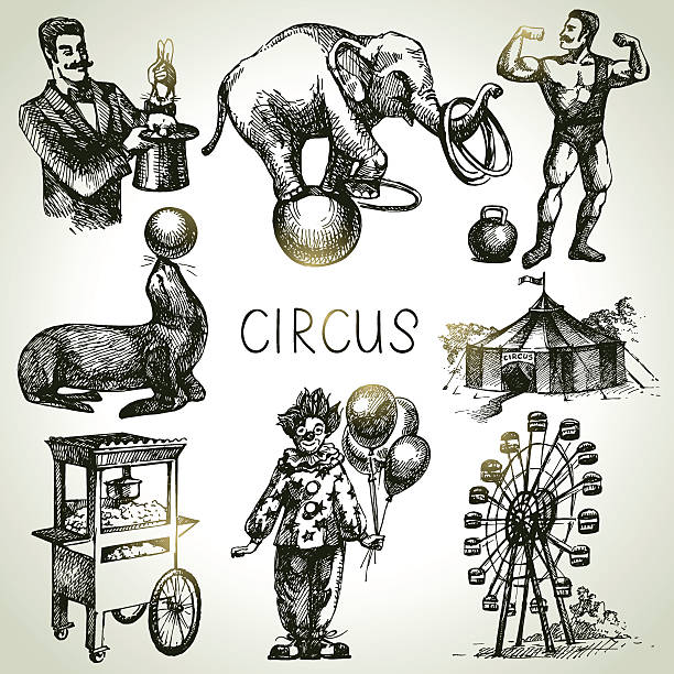 Hand drawn sketch circus and amusement vector illustrations. Vin Hand drawn sketch circus and amusement vector illustrations. Vintage icons elephant drawings stock illustrations