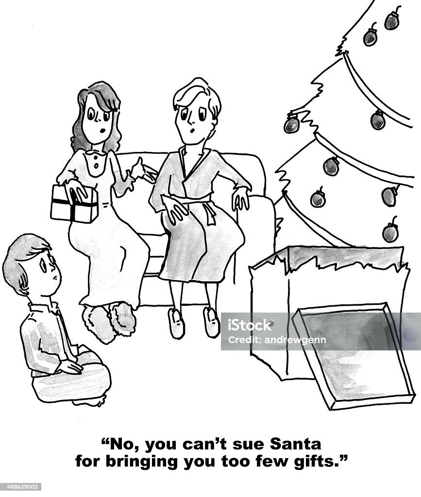 Can I Sue Santa Claus? Christmas and legal cartoon showing a disappointed, little boy on Christmas morning.  His mother says to him, 'No, you can't sue Santa for bringing too few gifts'. Humor stock illustration