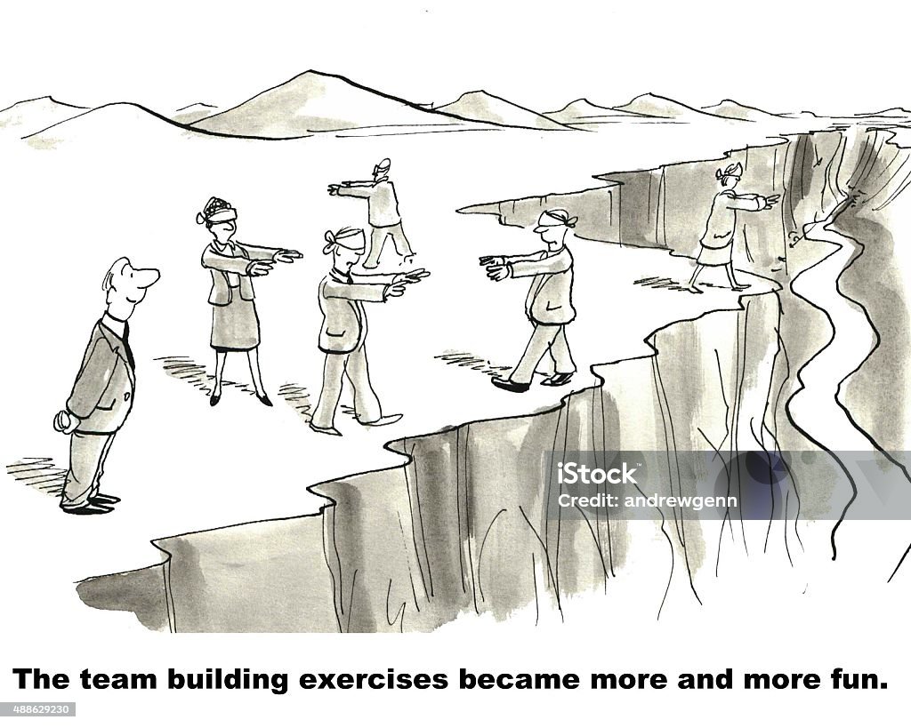 Team Building Business cartoon showing blindfolded businesspeople walking near a cliff edge, 'The team building exercises became more and more fun'. Blindfold stock illustration