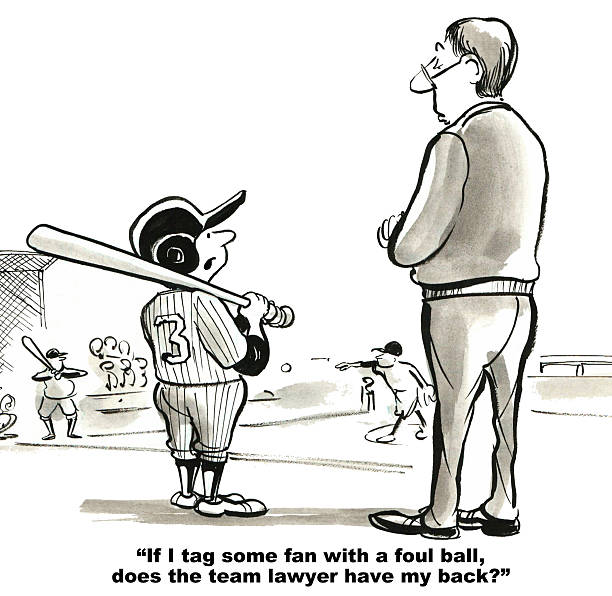 Sports Team Lawyer Legal cartoon showing a young boy playing baseball and asking the coach, 'If I tag some fan with a foul ball, does the team lawyer have my back?'. lawyer cartoon stock illustrations