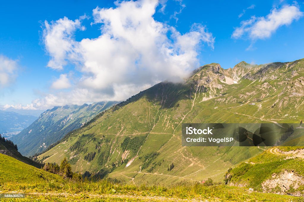 View of the alps near Rothorn Beautiful view of the alps during the trip by steam train towards the Brienzer Rothorn, on Bernese Oberland, Switzerland. 2015 Stock Photo