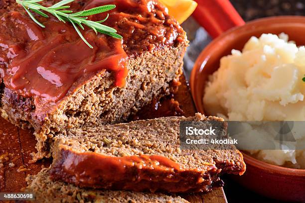Fresh Baked Tomato Glazed Meatloaf Served With Mashed Potato Stock Photo - Download Image Now