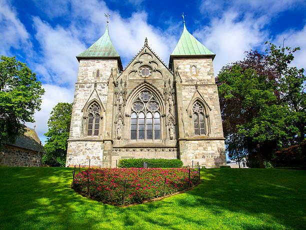 Cathedral in Stavanger.  Norway. STAVANGER, NORWAY - JULY 09, 2015: East facade of Stavanger Cathedral (Stavanger domkirke, circa XIII c.). The oldest cathedral in Norway, city landmark of Stavanger stavanger cathedral stock pictures, royalty-free photos & images