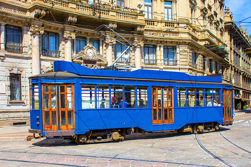 Vintage tram in Montenapoleone area Milan, ITALY