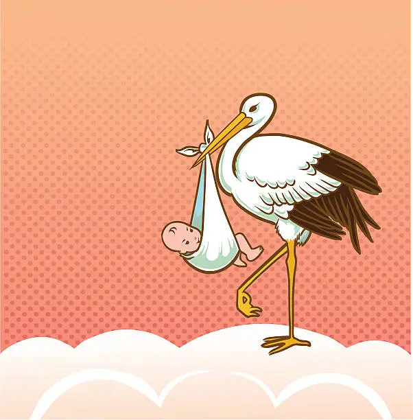Vector illustration of Stork Delivering Baby Resting on Cloud - Copy Space