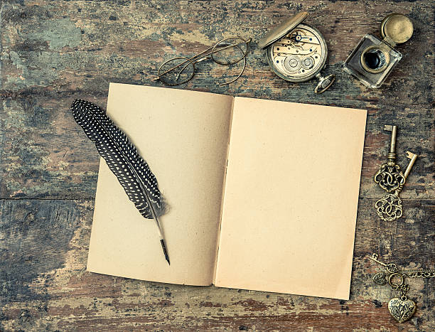 istock Open book and vintage writing accessories. Wooden texture background 488636780