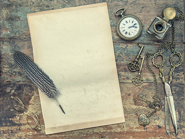 istock Letter paper with vintage writing tools. Feather pen and inkwell 488636964