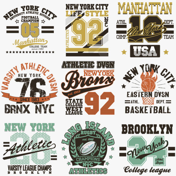 ilustrações, clipart, desenhos animados e ícones de camiseta conjunto de nova york - old fashioned retro revival sport american football