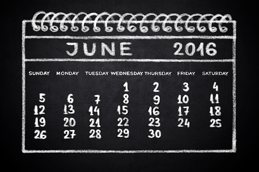 June Month 2016 Calendar  drawn on Blackboard