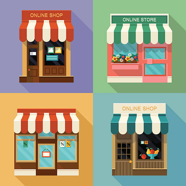 Online shops icons Different vector shops and stores icons set. Concept online shopping. small business illustrations stock illustrations