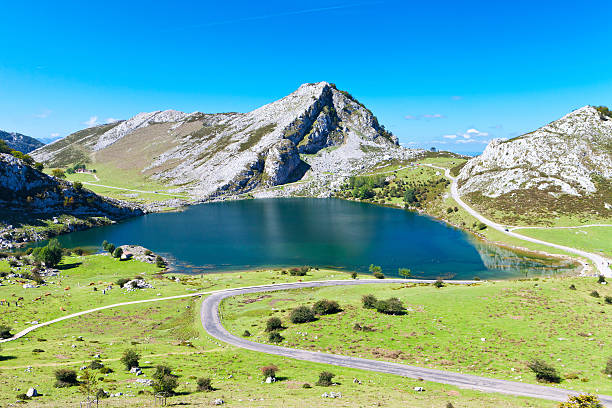 lago enol, laghi di covadonga, asturias, spagna - covadonga foto e immagini stock