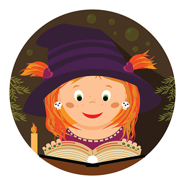 halloween illustrationen. süße kleine whitch-mädchen lesen ein spellbook - candle mythology book literature stock-grafiken, -clipart, -cartoons und -symbole