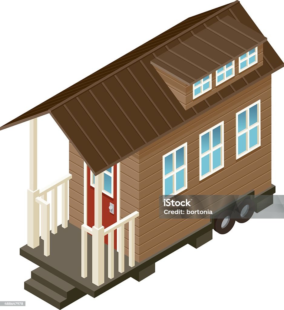 Tiny House Isometric Icon A vector illustration of a tiny house drawn in isometric perspective. Download includes an AI10 CMYK vector EPS file as well as a high resolution RGB JPEG. The only gradients used are in the shading on the windows to add a little depth. This tiny house is built onto wheels, as many cities will not allow them as standalone units due to zoning bylaws. Tiny House stock vector