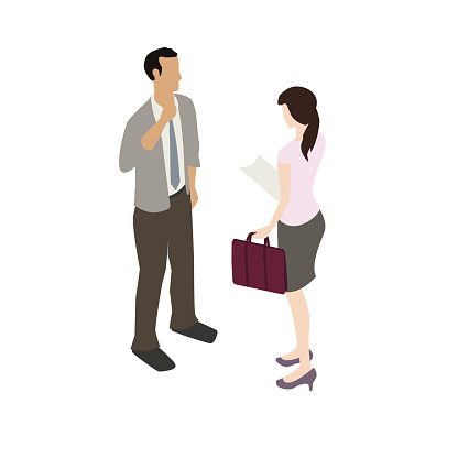 Royalty free illustration of a business man and woman having a conversation is presented in isometric view, in a flat vector style on a white background.