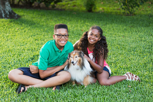 An African American teenage boy, 14 years old, and his younger sister, 10 years old, sitting on the grass petting their dog, a miniature sheltie.  They are smiling and looking at the camera.