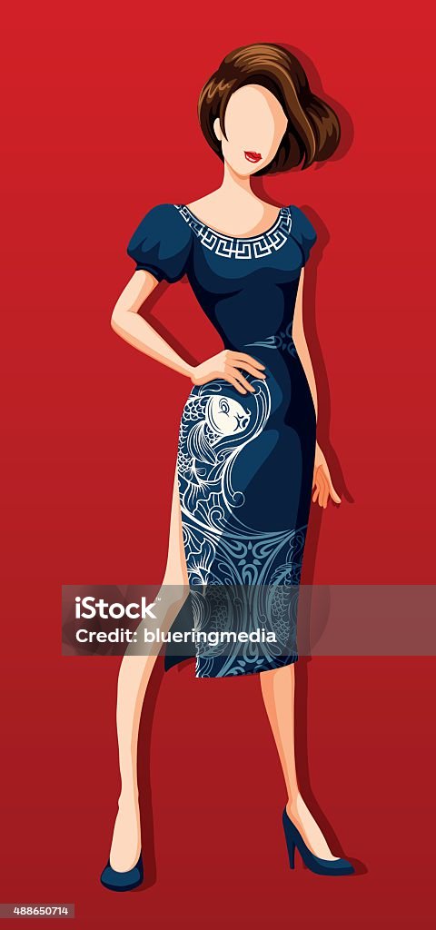 Female model wearing blue dress Female model wearing blue dress illustration Fashion stock vector