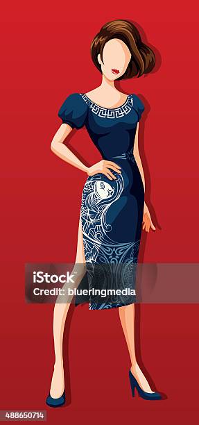 Female Model Wearing Blue Dress Stock Illustration - Download Image Now - Fashion, Women, 2015
