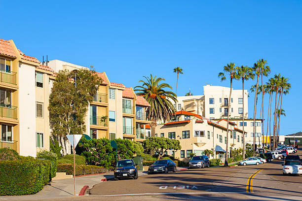 Aerial view of the turquoise sea and beach houses in California