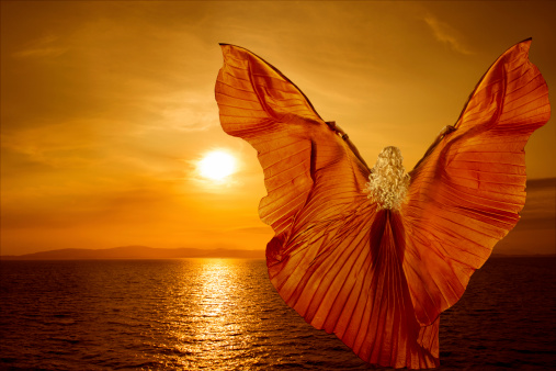 Woman transform with butterfly wings flying on fantasy sea sunset, spirituality meditation concept