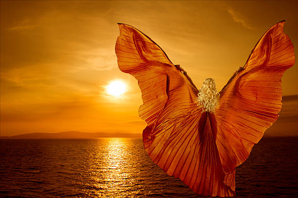 Woman transform butterfly wings flying, spirituality meditation concept, sea sunset Woman transform with butterfly wings flying on fantasy sea sunset, spirituality meditation concept reincarnation stock pictures, royalty-free photos & images