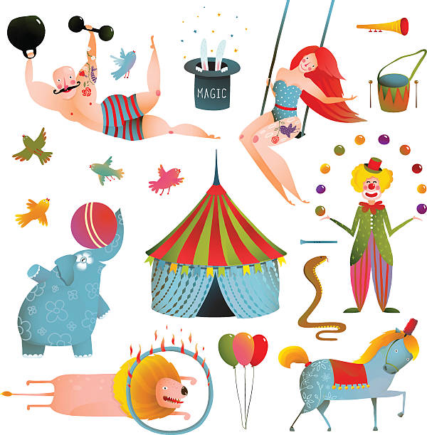 stockillustraties, clipart, cartoons en iconen met circus carnival show clip art vintage collection - gekke paarden