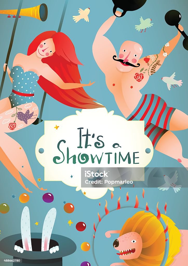 Circus Carnival Show Vintage Billboard Poster with Girl and Strong Fun and cute quirky performance vintage drawing cartoon card. Vector illustration. Circus stock vector