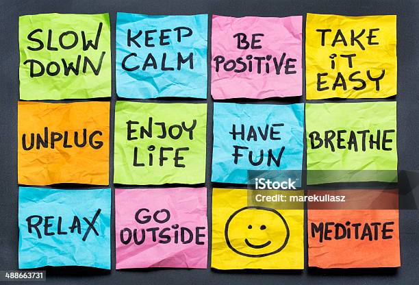 Slow Down And Relax Stock Photo - Download Image Now - Adhesive Note, Relaxation, Smiling