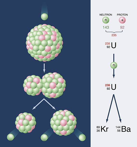 illustrazioni stock, clip art, cartoni animati e icone di tendenza di nucleare fission di uranio 235 - fissione-nucleare