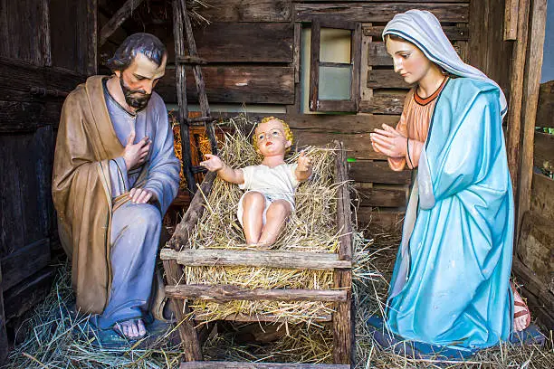 Christmas nativity scene represented with statuettes of Mary, Joseph and baby Jesus
