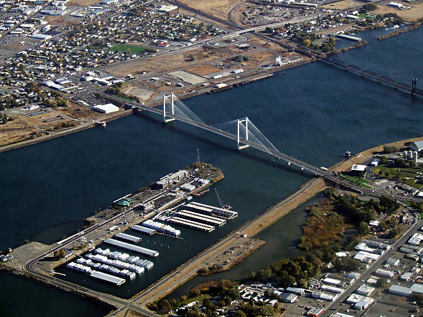 Cable Bridge and Clover Island aerial stock photo