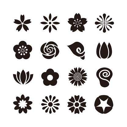 Various kind of flower icon, black and white illustration