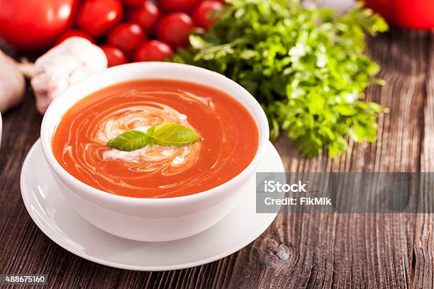 Delicious Tomato Soup With Aromatic Spices Stock Photo - Download Image Now - 2015, Cooked, Crockery