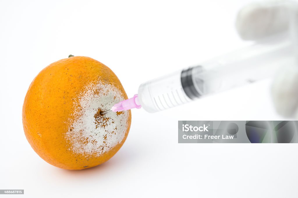 giving an injection to a rotten orange on white giving an injection to a rotten orange on white, medical concept Concepts Stock Photo