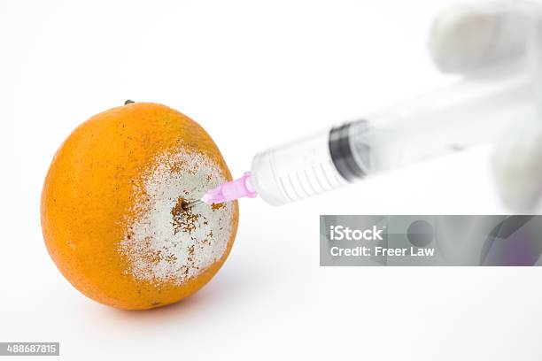 Giving An Injection To A Rotten Orange On White Stock Photo - Download Image Now - Concepts, Concepts & Topics, Healthcare And Medicine