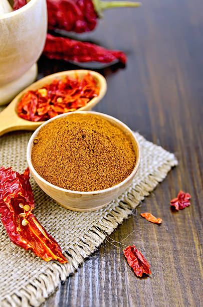 istock Pepper red in wooden bowl with burlap on board 488689061