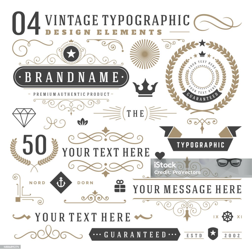 Retro vintage typographic design elements Retro vintage typographic design elements. Arrows, labels ribbons, logos symbols, crowns, calligraphy swirls ornaments and other.  Logo stock vector