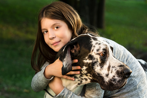 The girl is hugging her big strong buddy Great Dane. The girls is slightly smiles while firmly embracing the dog with both hands and looking directly at the camera. The Great Dane is patiently standing and looking away to the side. The girl is ten years old. She has long brown hair and dark eyes. Due to the small depth of field background is heavily blurred.