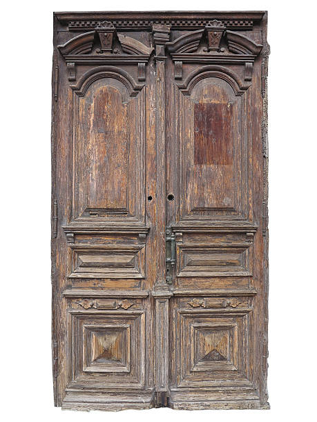 istock Vintage old brown wood door with patterns isolated 488689980