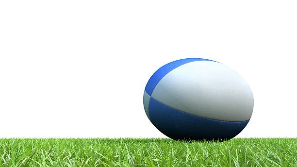 istock Blue rugby ball on grass V03 488692648