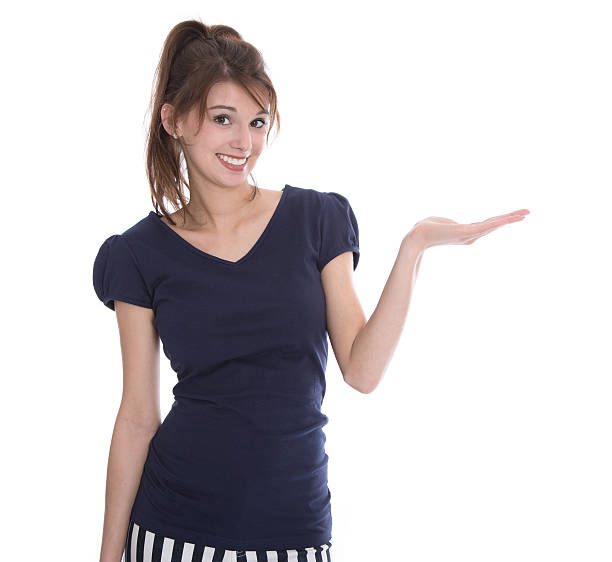istock Young woman isolated on white presenting with hands. 488692997