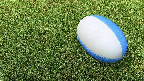 istock Blue rugby ball on grass V01 488693148