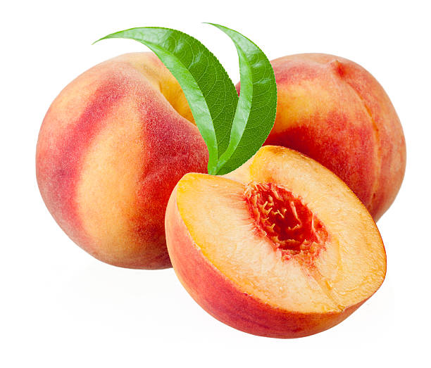 персиковый.  фрукты с листьями изолированные на белом - peach nectarine portion fruit стоковые фото и изображения