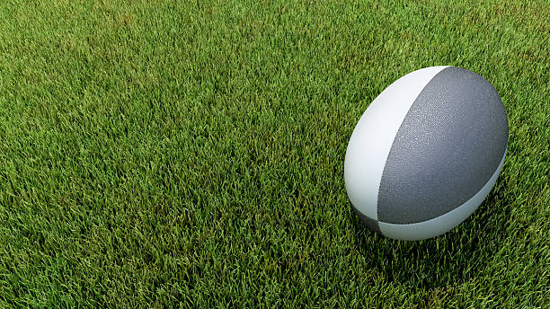 istock Black rugby ball on grass V02 488693566