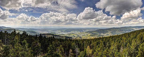 istock HDR panorama with forest mountains and cloudy sky 488693771