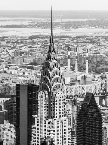 Monochrome aerial view of the Chrysler Building in New York.    Images depicting contemporary lifestyles and a modern travel and tourism destination.