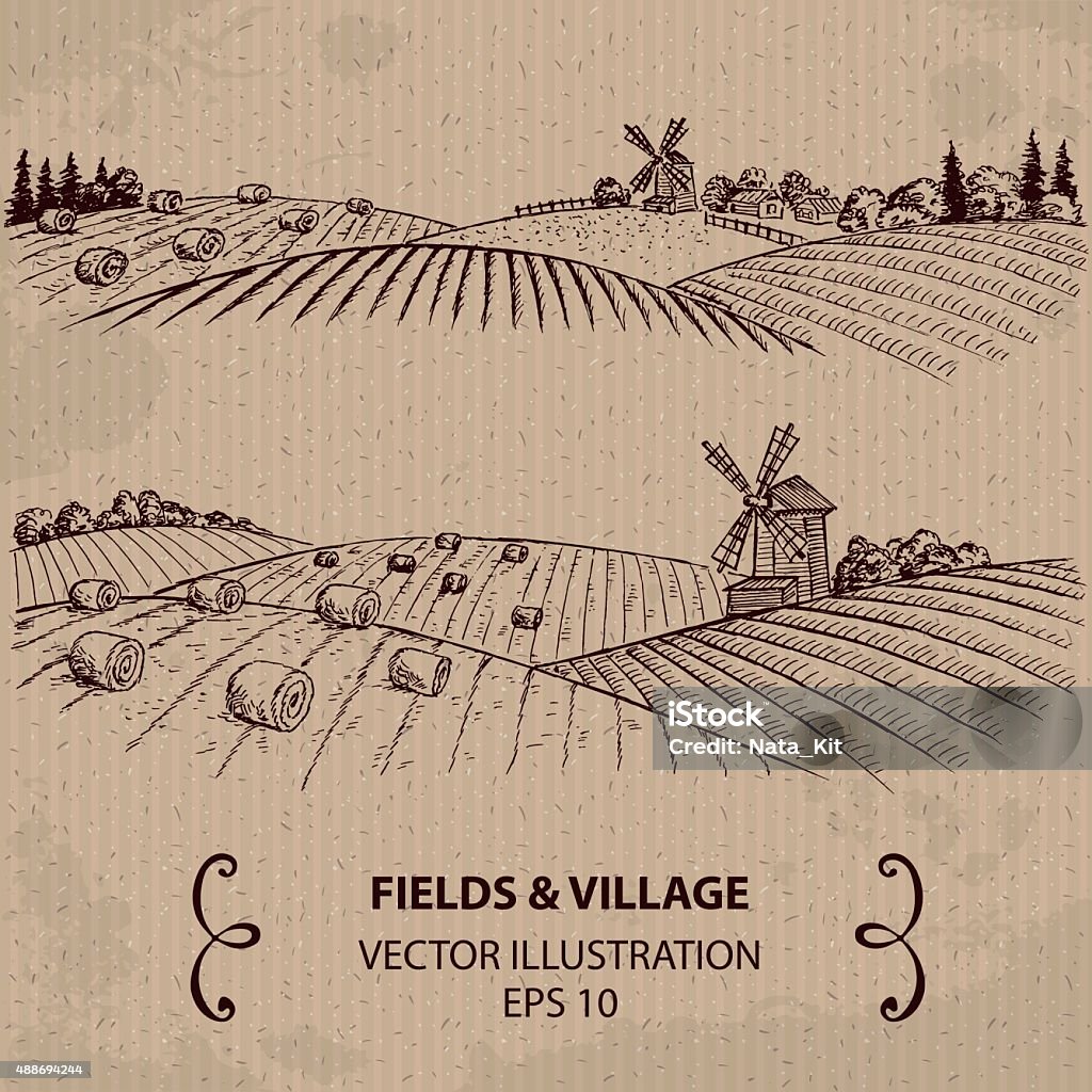 Wheat Fields with Haystacks and Windmill. Hand drawn Vector Illustration Farm stock vector