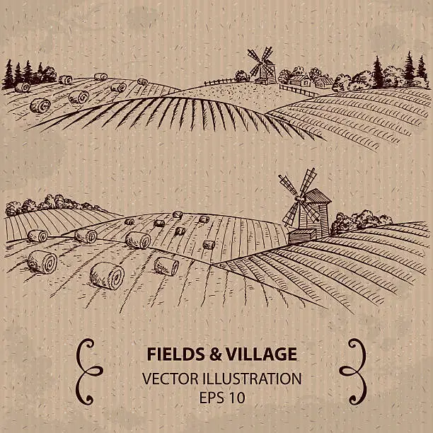 Vector illustration of Wheat Fields with Haystacks and Windmill.