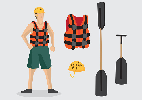 Cartoon character wearing life jacket and water shoes with outdoor water sports equipment such as helmet, oar and paddle. Vector illustration isolated on plain background.