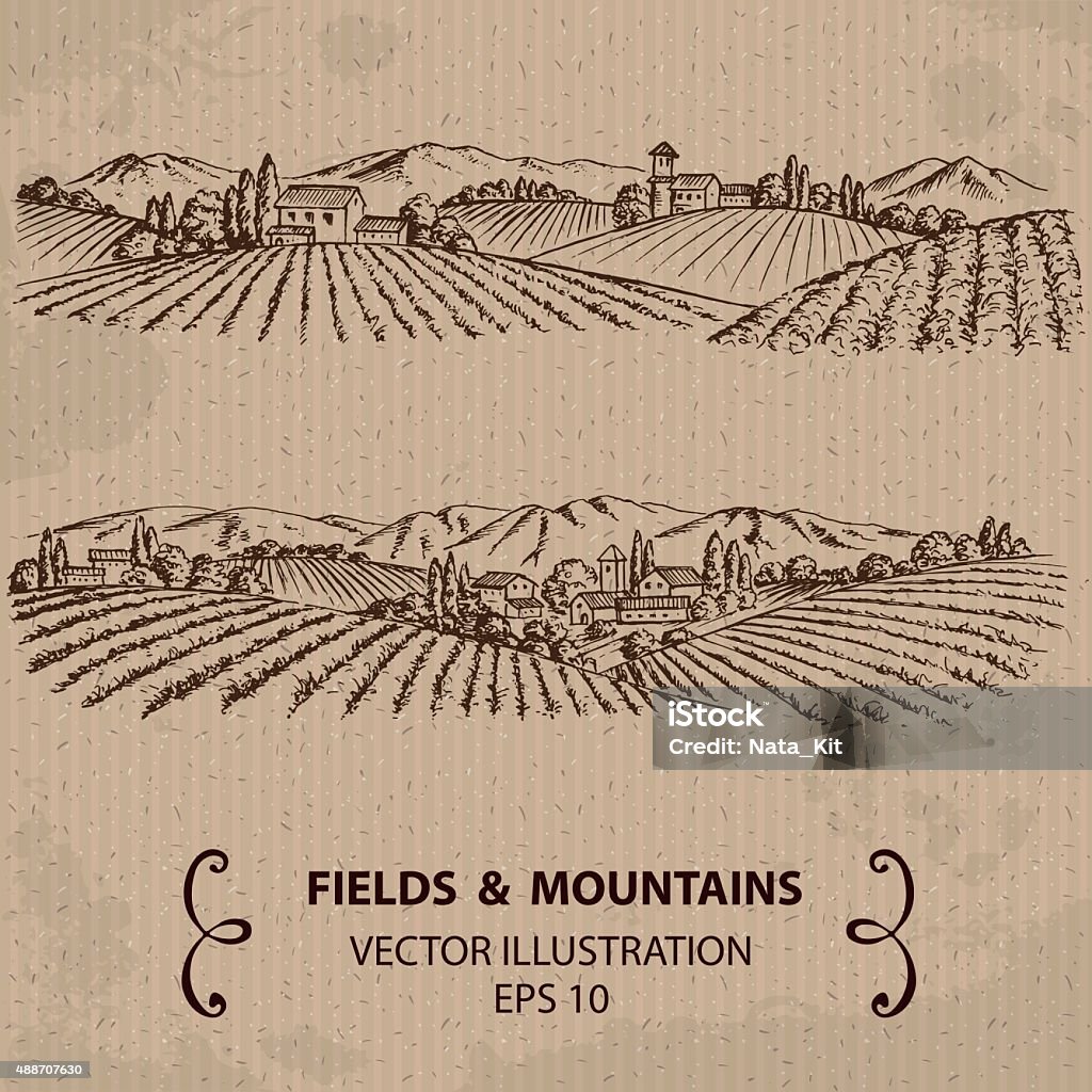 Tuscany Landscape with Fields and Mountains. Hand drawn Vector Illustration Farm stock vector